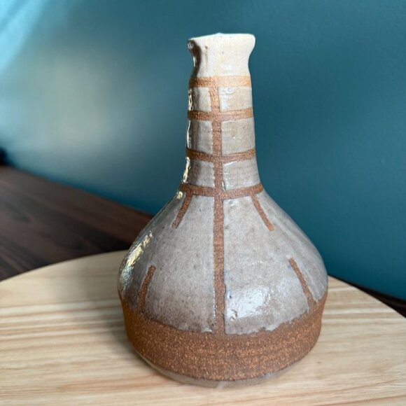 Vintage Handcrafted Asian Stoneware Vase Grayish White Brown Geometric - Picture 2 of 10